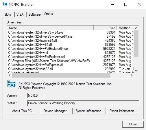 Status page of PXI/PCI Explorer